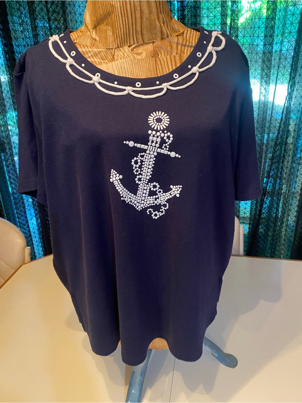 Alfred Dunner Navy Short Sleeve Tee with White Anchor & Trim